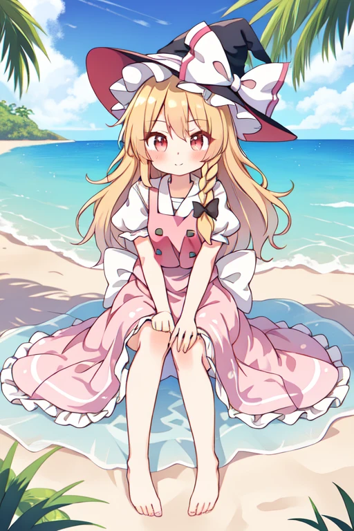 Sit on your knees,kirisame_marisa,(touhou project),pastel colors,fair skin,The skin is delicate and shiny,on the beach,Consists of a pink dress made of transparent lace,white lace, high resolution, Super detailed, most detailed,barefoot