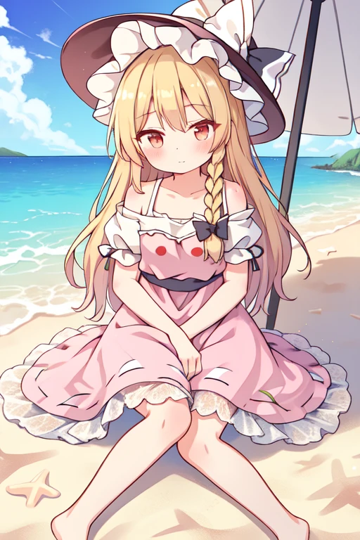Sit on your knees,kirisame_marisa,(touhou project),pastel colors,fair skin,The skin is delicate and shiny,on the beach,Consists of a pink dress made of transparent lace,white lace, high resolution, Super detailed, most detailed,barefoot