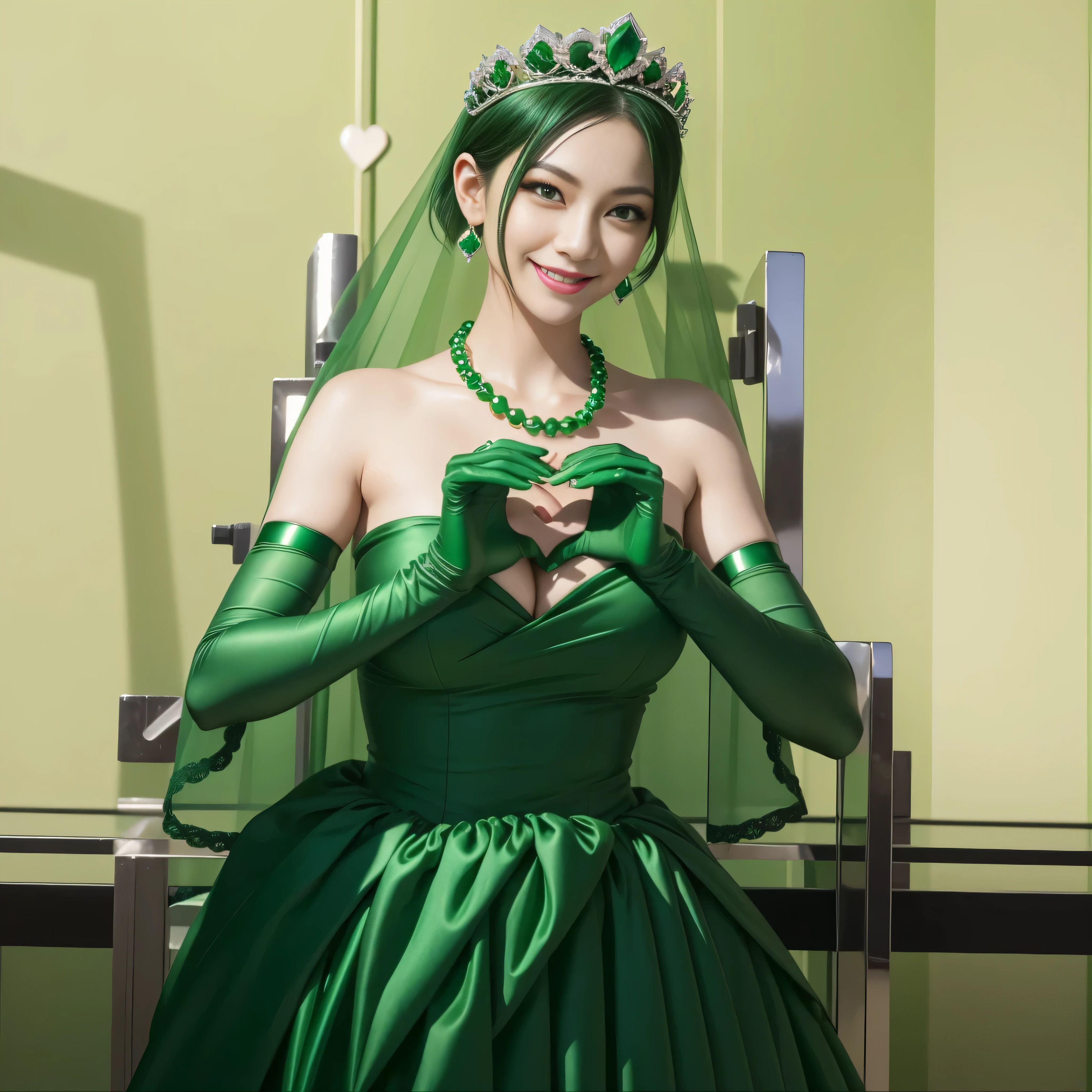 emerald tiara, green pearl necklace, boyish very short green hair, lipstick, smiling Japanese woman, very short hair, Beauty with large breasts, green eyes, Long Green Satin Gloves, green eyes, emerald earrings, green veil, heart with both hands