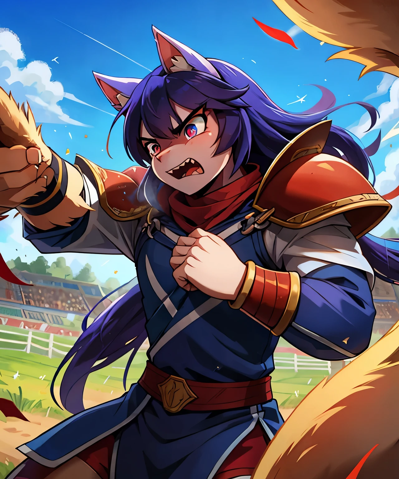 The first character is an extremely strong warrior, shining armor, with a look of hatred, holding the second character by the neck, who is a werewolf who struggles fiercely, fighting in an open field.