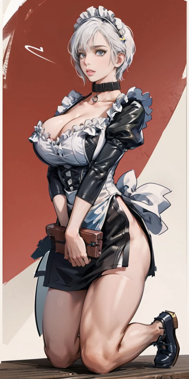 White hair , short hair, pinched eyes, (big-:1.5) , Thin legs, thin body, leather collar, Maid outfit victorian, dynamic pose, full body, View from below, wide hips, Kneeling