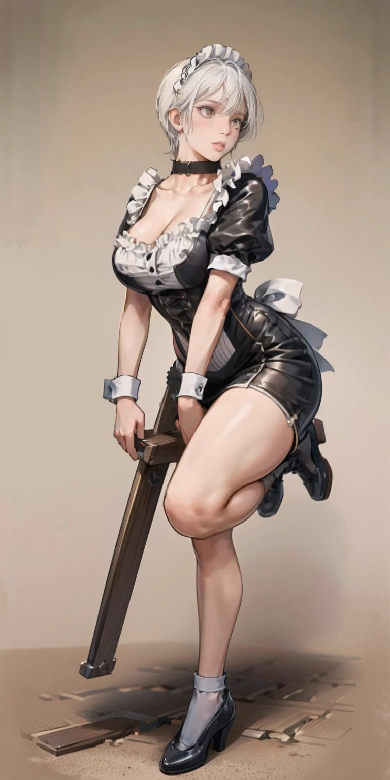 White hair , short hair, pinched eyes, (big-:1.5) , Thin legs, thin body, leather collar, Maid outfit victorian, dynamic pose, full body, View from below, wide hips, Kneeling