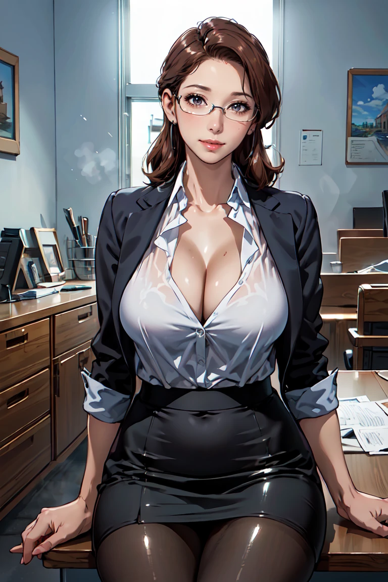 (high resolution,masterpiece,best quality,  official art:1.5),  realistic, photo,  amazing fine details,  all intricate, gloss and shiny,awesome many layers, 8k wall paper,  3d, sketch, illustration, (cleavage), female business-person, glasses, slight smile, 40 years old, brown hair, large breast, toned female, sitting, Seducing Pose, at office, business suit, pantyhose, 30 denier, tight mini straight skirt,  extremely shiny fabric, clothes reflecting light, extremely shiny clothes, extremely wrinkled fabric,