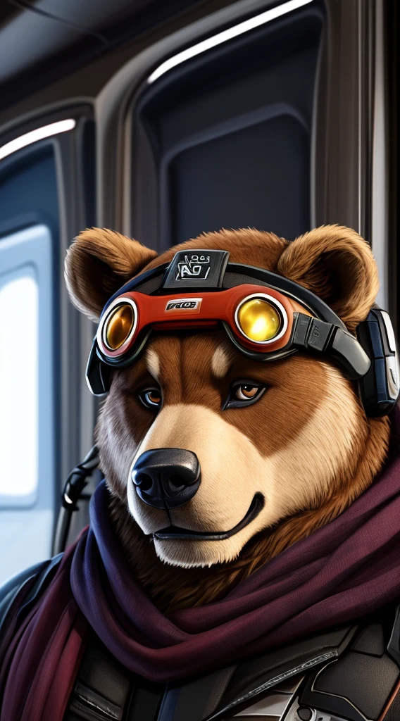 an old style wallpaper
of a bear inside a helmet
and goggles, in the style of
hyper-realistic sci-fi, richly
colored skies, zbrush, charming
characters, alan bean, dotted,
realistic portrait painter