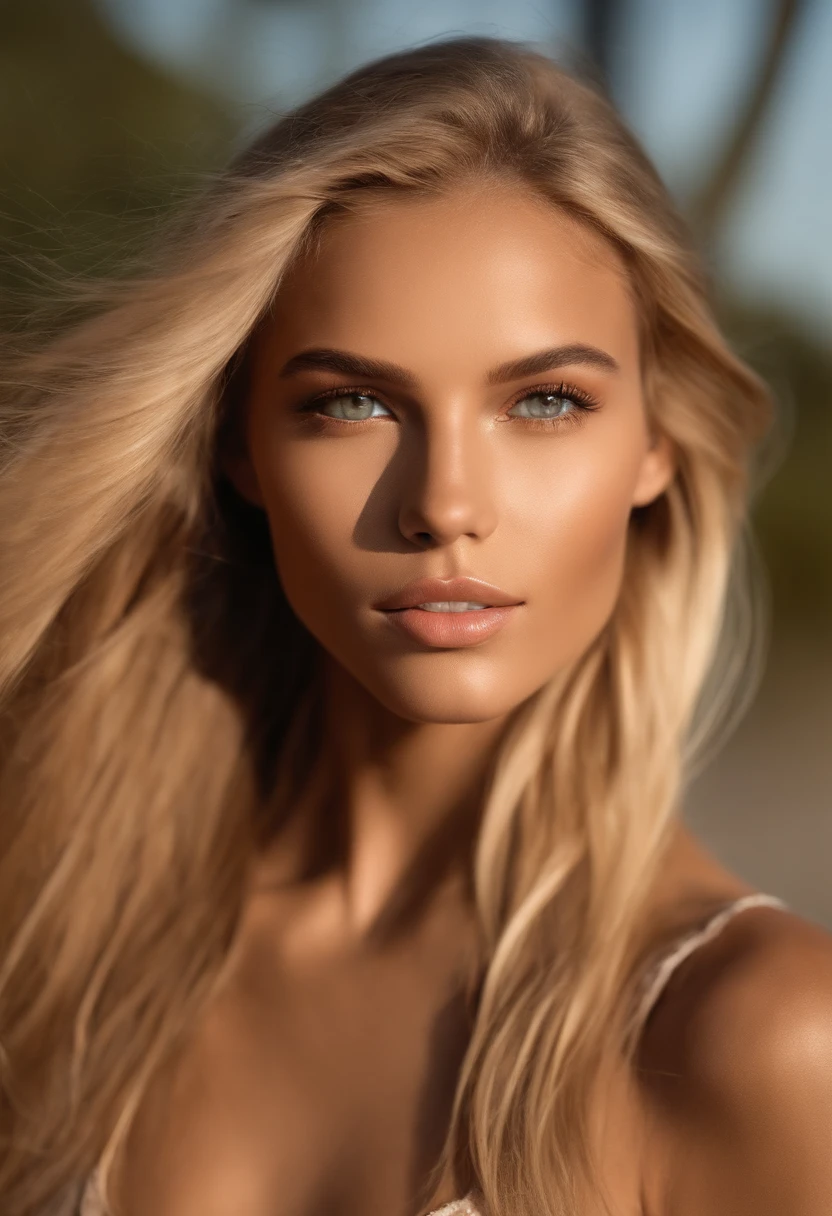 Beautiful model, caramel complexion, long blonde hair, hazel eyes, great body, sexy lips, slim facial features