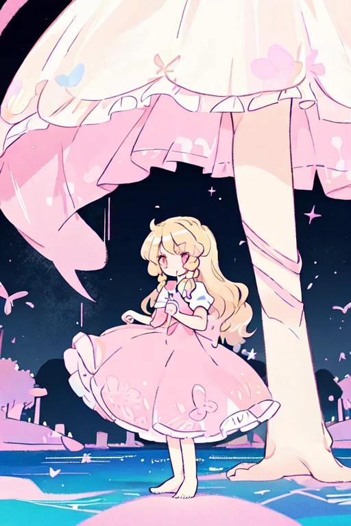 standing,kirisame_marisa,(touhou project),pastel colors,Soft contrast,fair skin,The skin is delicate and shiny,on the beach,Consists of a pink dress made of transparent lace,white lace, high resolution, Super detailed, most detailed,barefoot