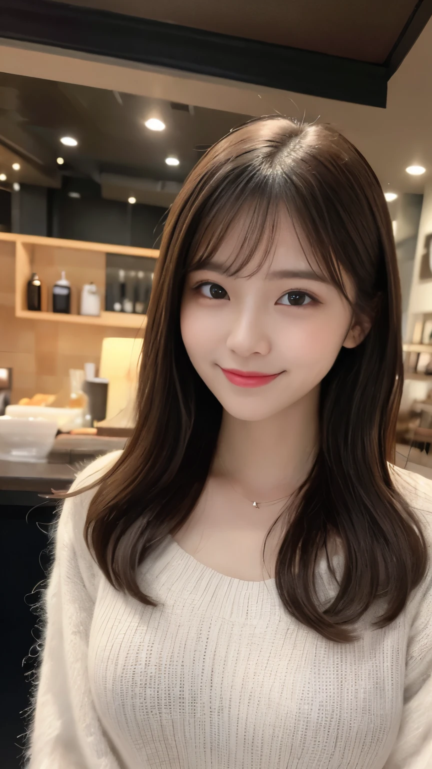 highest quality、figure、super detailed、finely、High resolution、8k wallpaper、完璧なダイナミックな構figure、beautiful and fine eyes、Gorgeous gray fluffy Tokyo winter clothes、medium hair、big breasts、natural color lip、bold sexy pose、smile、Cafe、15 year old girl、cute、sexy shot looking at camera、Always blur the background、perfect and beautiful face,Take only the face、beautiful and detailed face、slim face and style