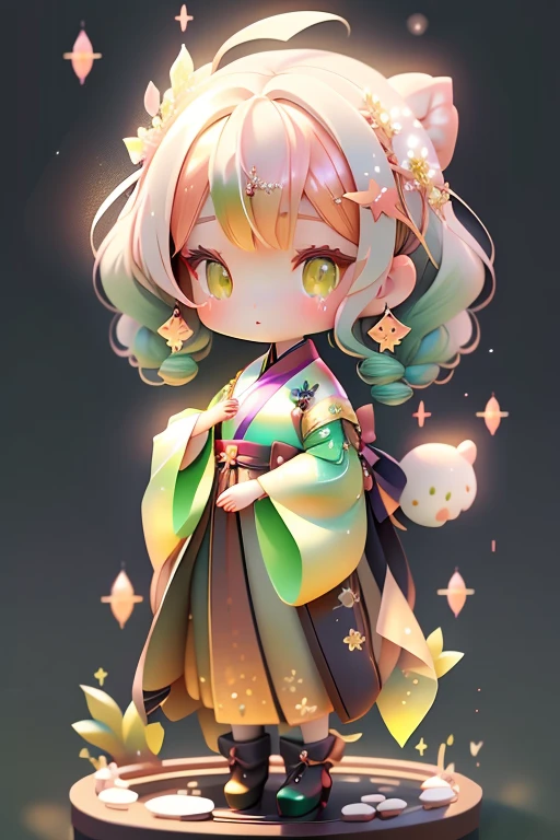 Glitter Effect,girl with, Chibi、amber, , medium pastel, luxury fabrics,green dithering, Far-reaching,Looking at Viewer、Hanfu