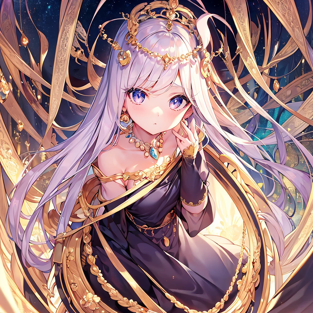 beautiful girl, hair over shoulders, clear eyes, smooth hair, exquisite and perfect facial features, The most beautiful big eyes, long eyelashes, Lying silkworm and sweet eyes, pout, dynamic angle, ultimate image quality, highest precision, Precise and perfect human body, necklace, bust, close, , long shot, full body portrait Card Illustration