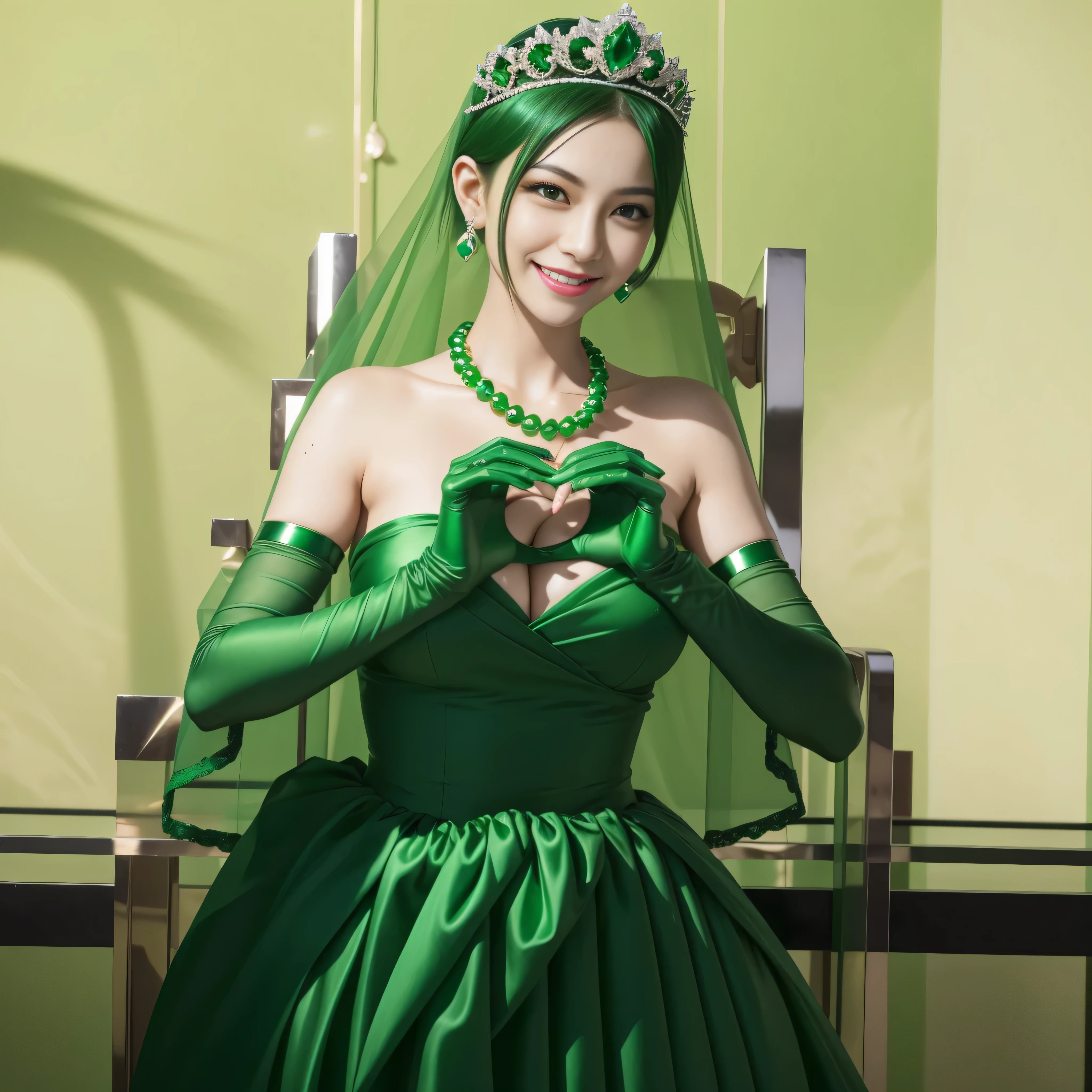 emerald tiara, green pearl necklace, boyish very short green hair, lipstick, smiling Japanese woman, very short hair, Beauty with large breasts, green eyes, Long Green Satin Gloves, green eyes, emerald earrings, green veil, heart with both hands