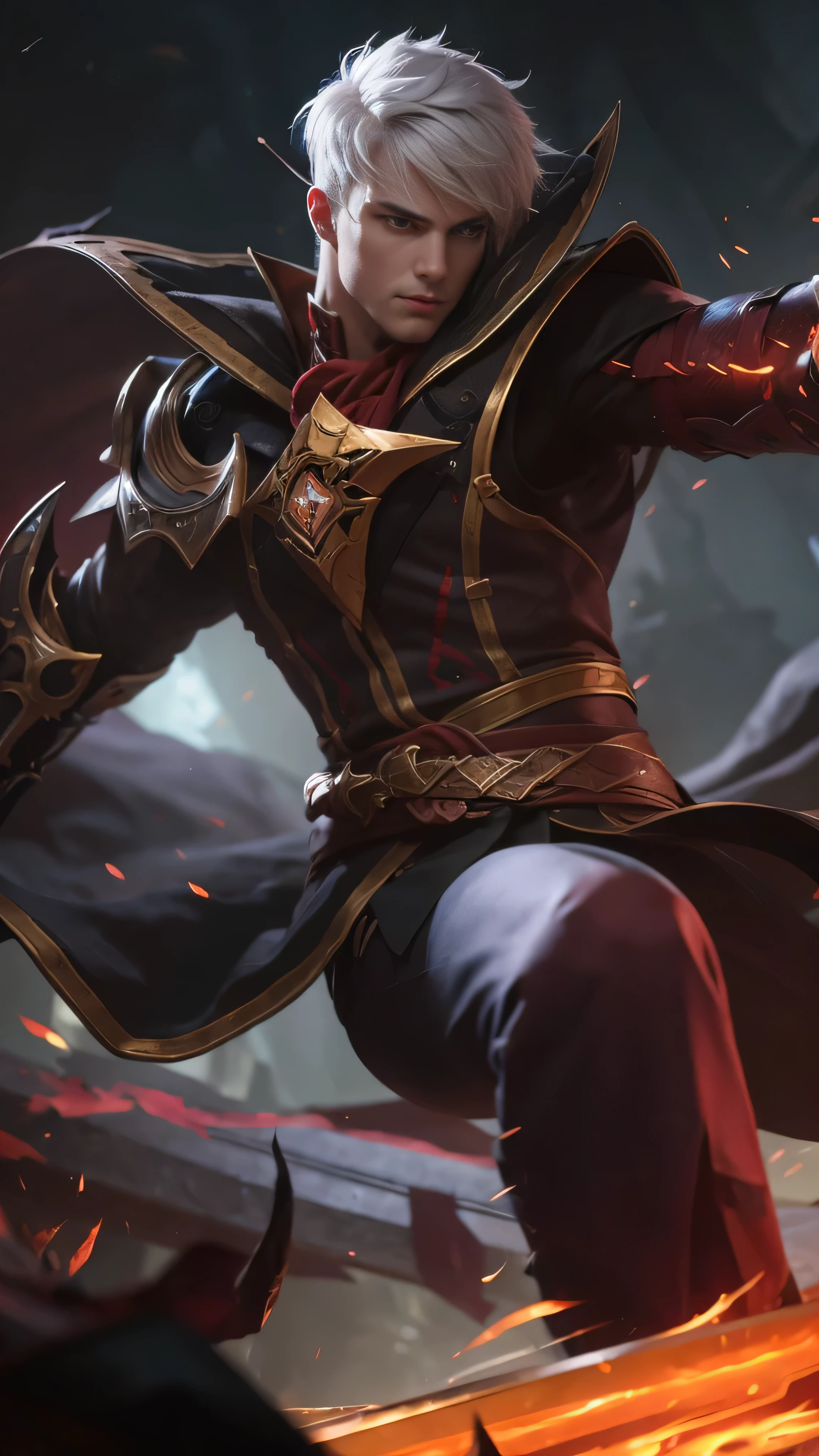 male focus, 8k, highly detailed, close up of a person with a sword in a dark room, splash art