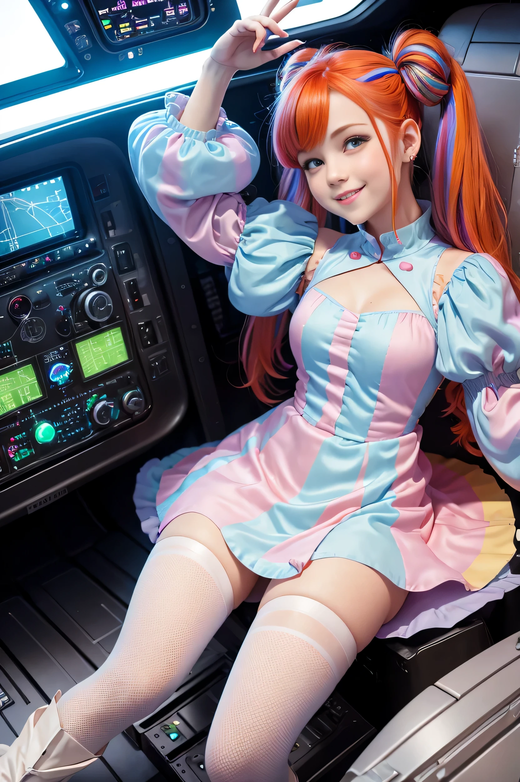 chemise(overhead view) Cute redhead with rainbow colored hair tips, ribbons in her hair, 18-year-old woman, happy, smiling, in twin tails, perfect eyes, clear sparkling blue eyes, pale skin, silky smooth white skin, alabaster skin, flying a fancy metal luxurious space ship, futuristic cockpit, she's a pilot, outer space seen in windows, dark warm lighting, wearing a futuristic silk body suit, low cut top (chemise), (pastel rainbow colors, and polka dots), puffy sleeves silk.