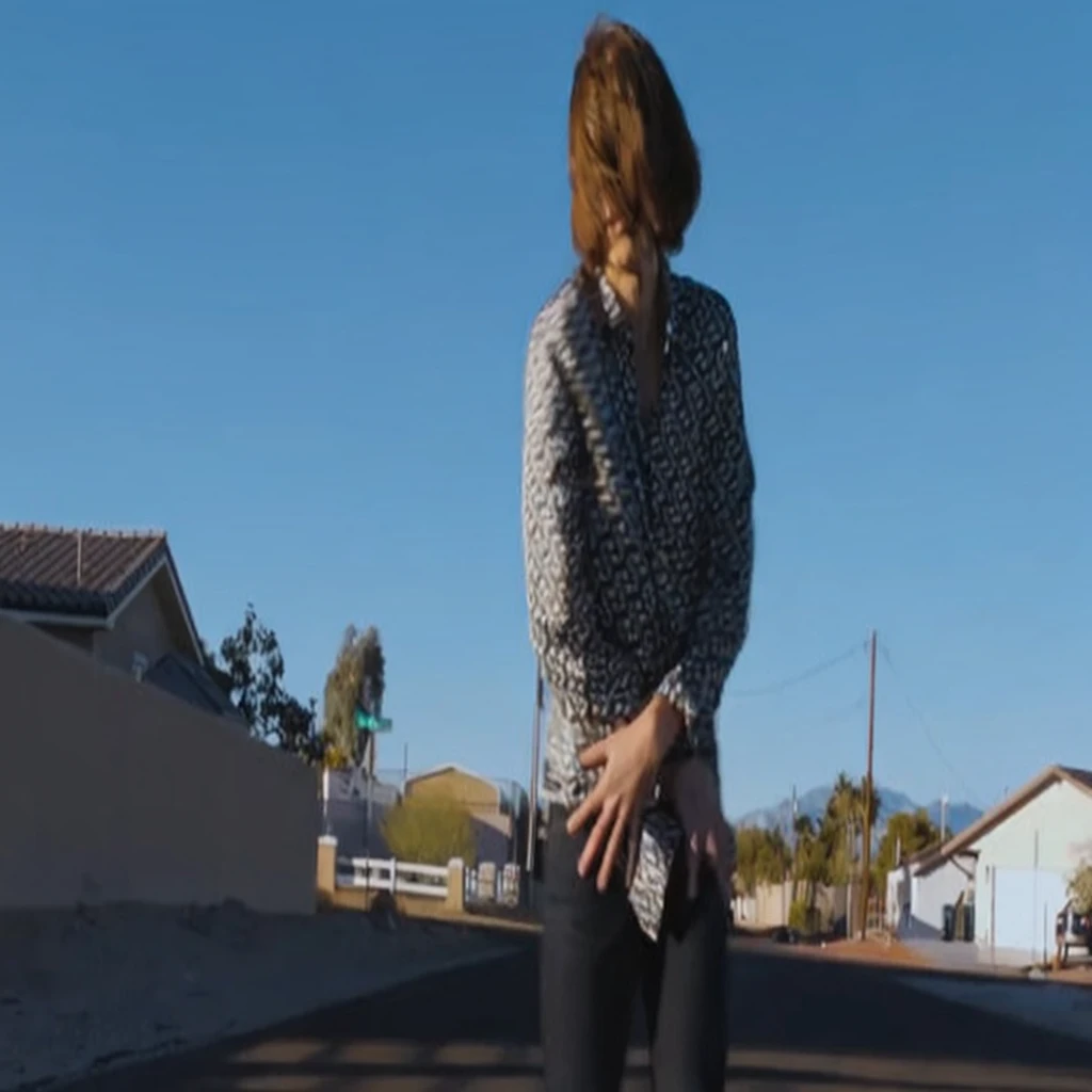 there is a woman riding a skateboard down the street, still from a music video, youtube video screenshot, wearing a shirt and a jean, music video, standing in a parking lot, video still, girlboss, extremely detailed giantess shot, slow motion fashion, wearing a blouse, wearing a dark shirt and jeans, performing a music video, hyperreal movie shot