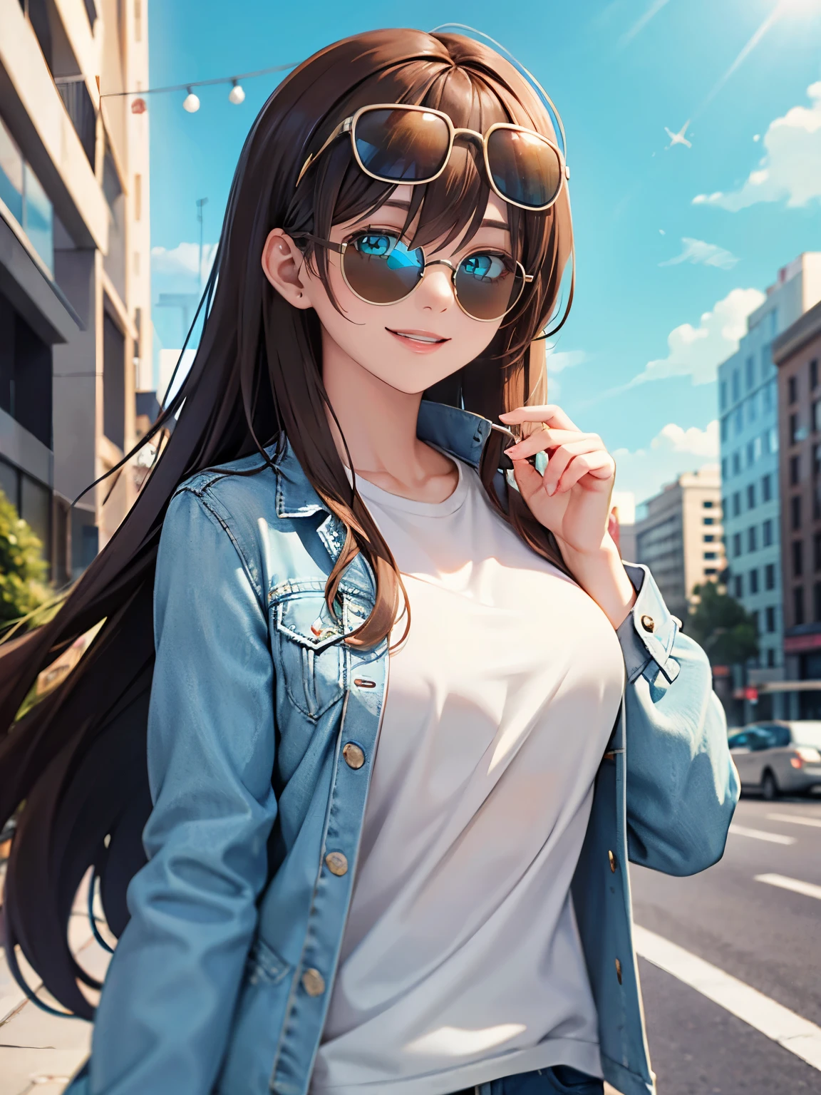Brown hair, long hair, medium chest, white shirt, jean jacket, cyan eyes, sun glasses on head, city, large chest, cool, trendy, tall