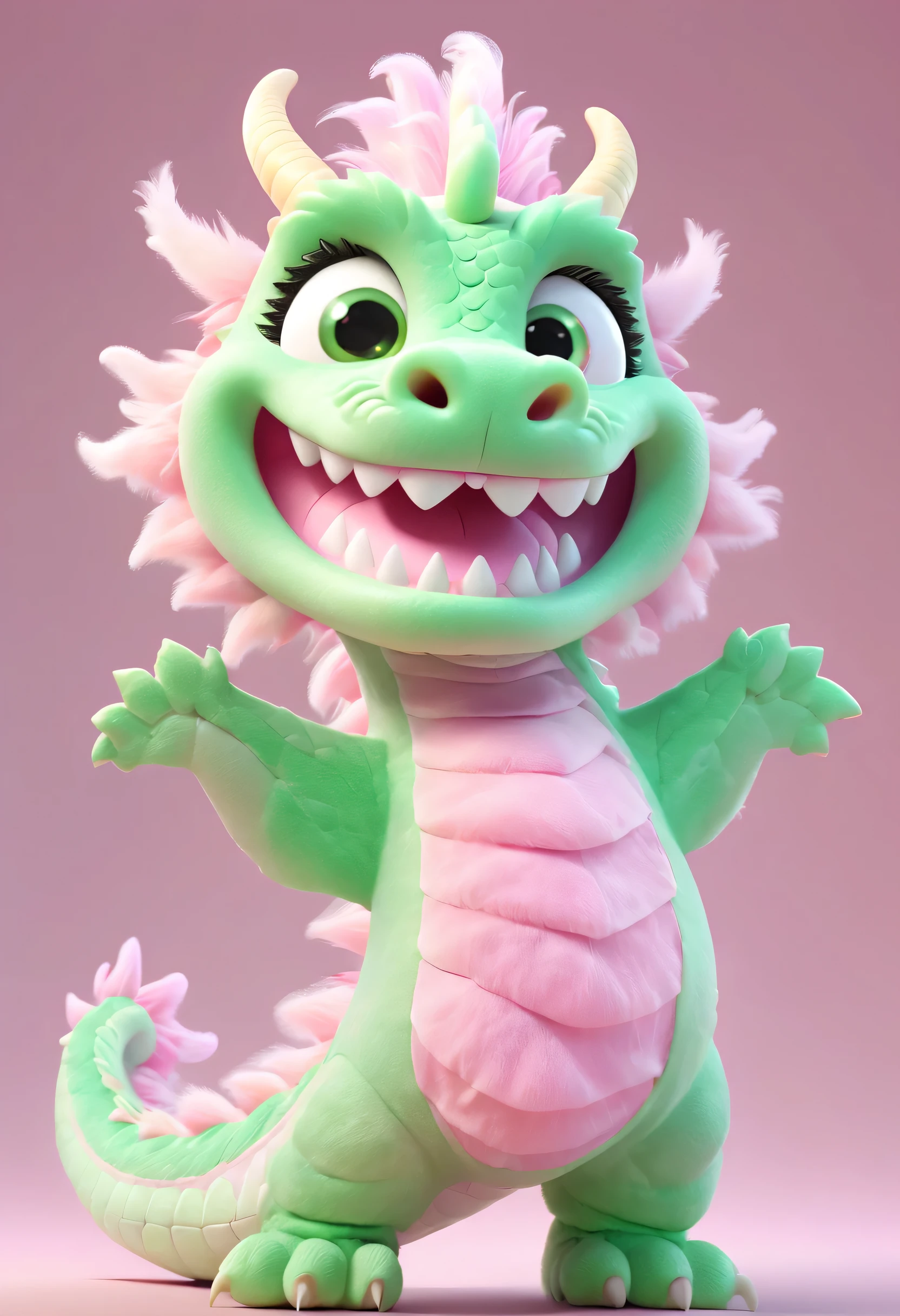 Pixar animation style, pink green chinese dragon, Made of marshmallow material, with a happy expression. ID photo background is pink, half composition. permanent, The whole body is in the center, glare, Strong sense of light, c4d, 8k, HD quality 