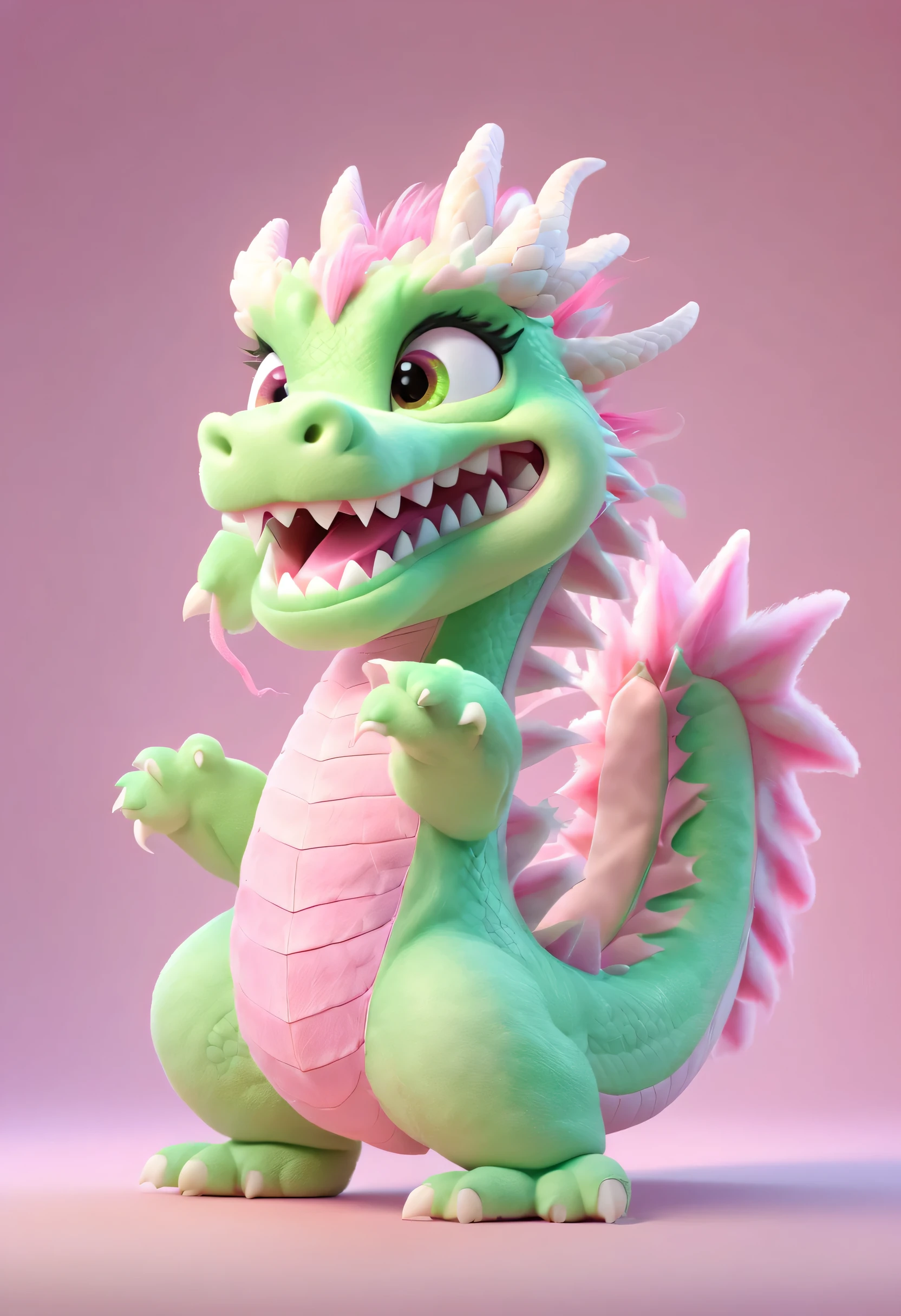 Pixar animation style, pink green chinese dragon, Made of marshmallow material, with a happy expression. ID photo background is pink, half composition. permanent, The whole body is in the center, glare, Strong sense of light, c4d, 8k, HD quality 