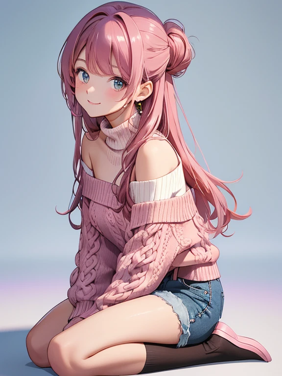 1woman , wearing dark brown off-shoulder knit dress,  kneeling on one knee, side view, cute girl, long hair, updo style, pink colored hair, leaning forward, (looking at a viewer:1.5), smiling full of compassion , half opened mouth, blushed cheek,
incoming kiss , sparkling pupil, tranlucent skin ,