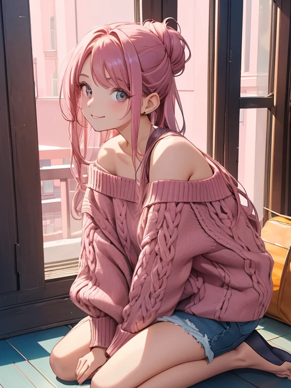 1woman , wearing dark brown off-shoulder knit dress,  kneeling on one knee, side view, cute girl, long hair, updo style, pink colored hair, leaning forward, (looking at a viewer:1.5), smiling full of compassion , half opened mouth, blushed cheek,
incoming kiss , sparkling pupil, tranlucent skin ,