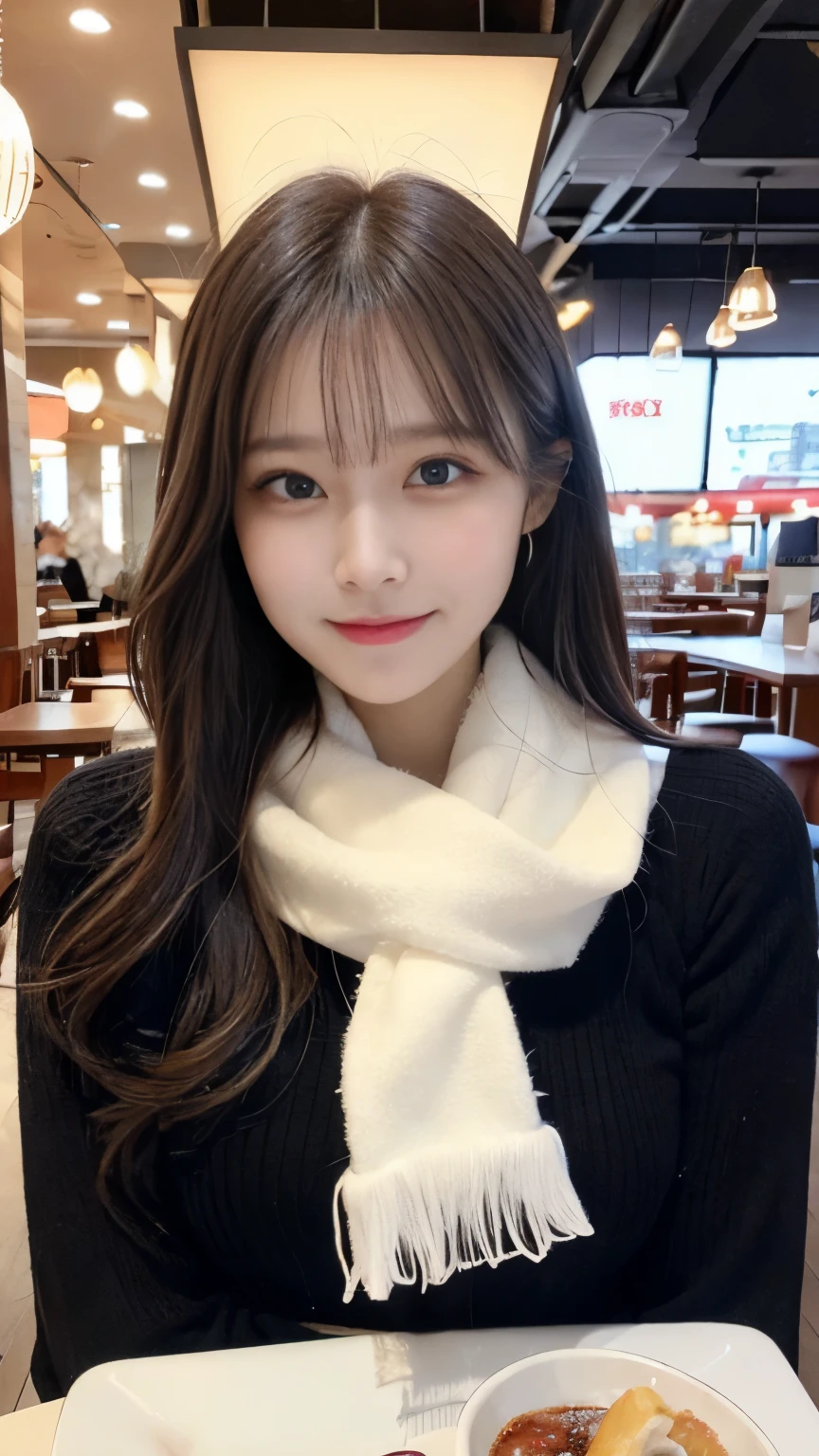 highest quality、disorganized、super detailed、finely、High resolution、8k wallpaper、perfect dynamic composition、beautiful and fine eyes、Gorgeous white fluffy Tokyo winter clothes、medium hair、big breasts、Scarf、natural color lip、bold sexy pose、smile、Cafe、Japanese、 girl、cute、sexy shot looking at camera、Always blur the background、perfect and beautiful face,Take only the face、beautiful and detailed face、slim face and style
