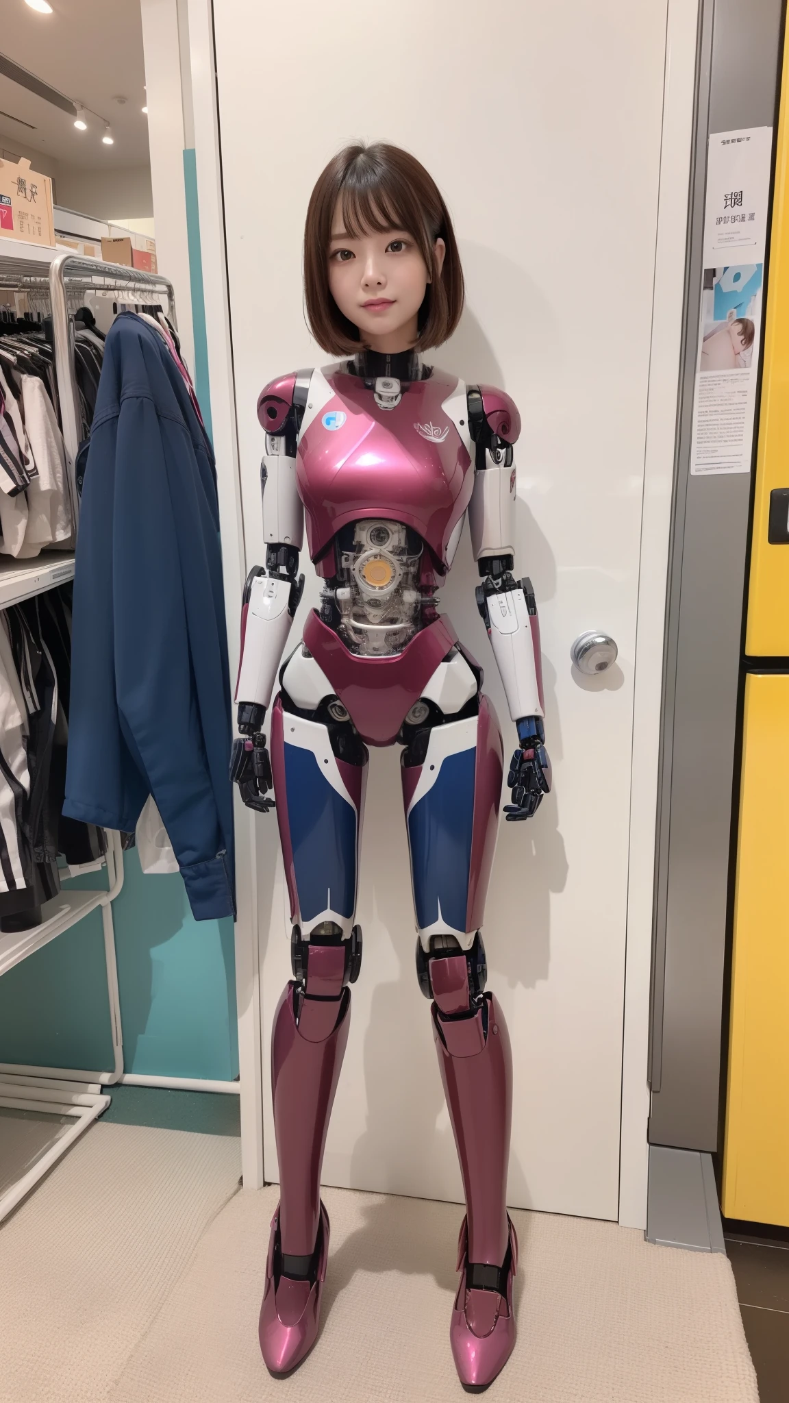 (Photorealsitic:1.4)、one robot woman、(top-quality)、(hyperdetailed face)、(Super well-formed face)、(Robot Parts)、(Female-Robot)、(25 years-old)、(Blue)、(pink there)、(Burgundy)、(metallic)、(full-body)、(sexy pose)、(Slender body)、(Model body type)、(full body mech)、(mechanical exposure)、(Akihabara)、(is looking at the camera)、(A dark-haired)、(Well-proportioned lady)、(a small face)、(a small head)、(well-groomed fingers)、(Idol)、(front facing)、(Standing with legs open)、(Photo session)、(Looks sad)、(perfect-female-robot)、(perfect-mechanical-body)