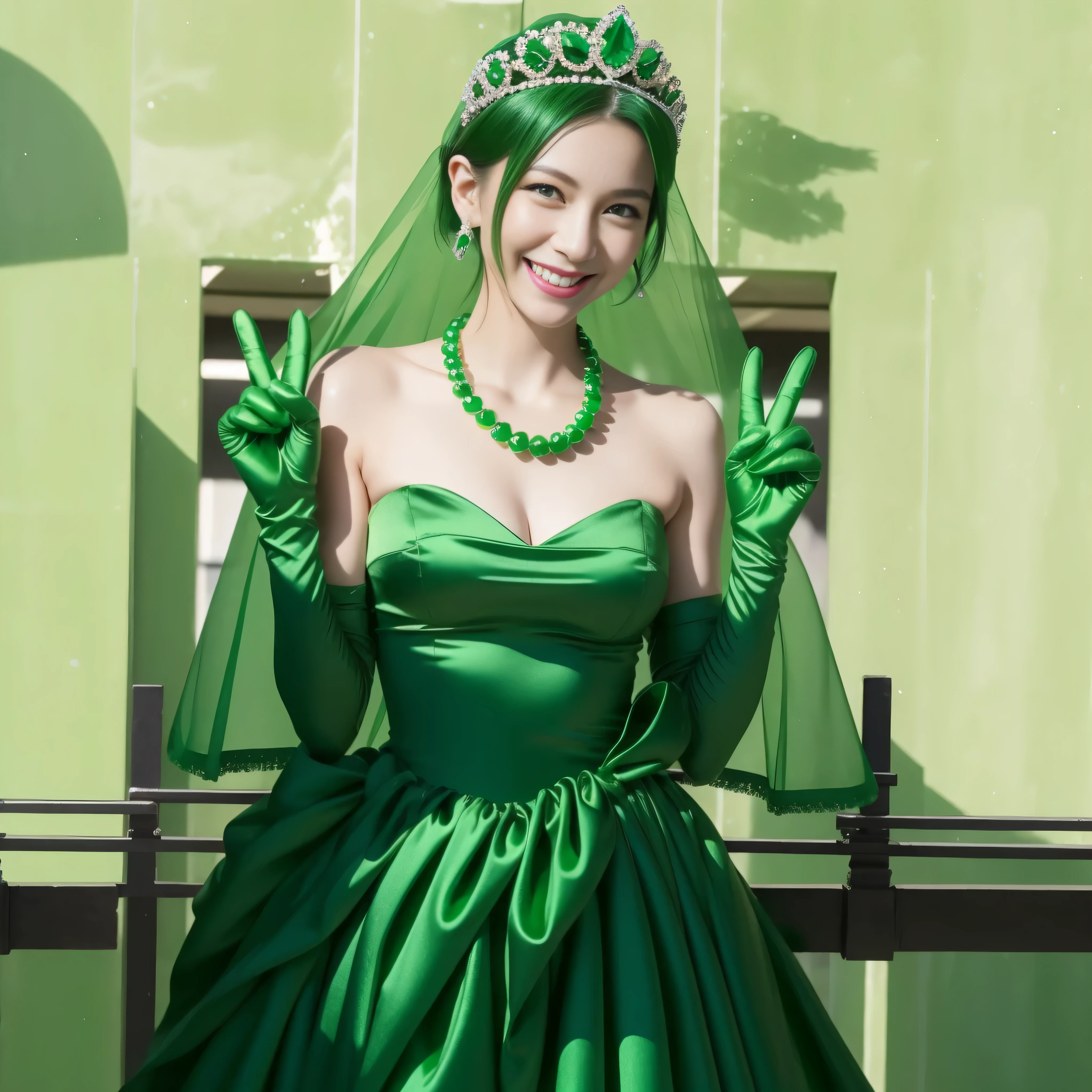 emerald tiara, green pearl necklace, boyish very short green hair, lipstick, smiling Japanese woman, very short hair, big breasts beautiful, green eyes, Long Green Satin Gloves, green eyes, V sign, emerald earrings, green veil