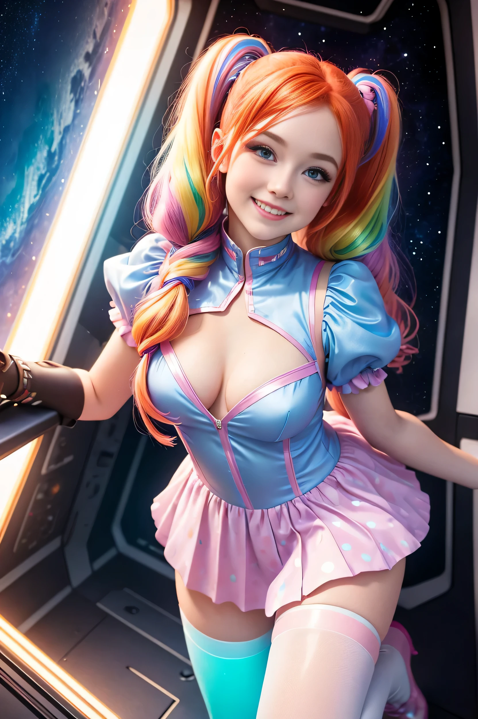 (overhead view) Cute redhead with rainbow colored hair tips, ribbons in her hair, 18-year-old woman, happy, smiling, in twin tails, perfect eyes, clear sparkling blue eyes, pale skin, silky smooth skin, flying a fancy metal luxurious space ship, futuristic cockpit, she's a pilot, outer space, stars in background, dark warm lighting, wearing a futuristic party dress, pleated (chemise) mini dress (pastel rainbow colors, and polka dots), puffy sleeves, silk, wearing full body pantyhose, cute short cut booties, boots.