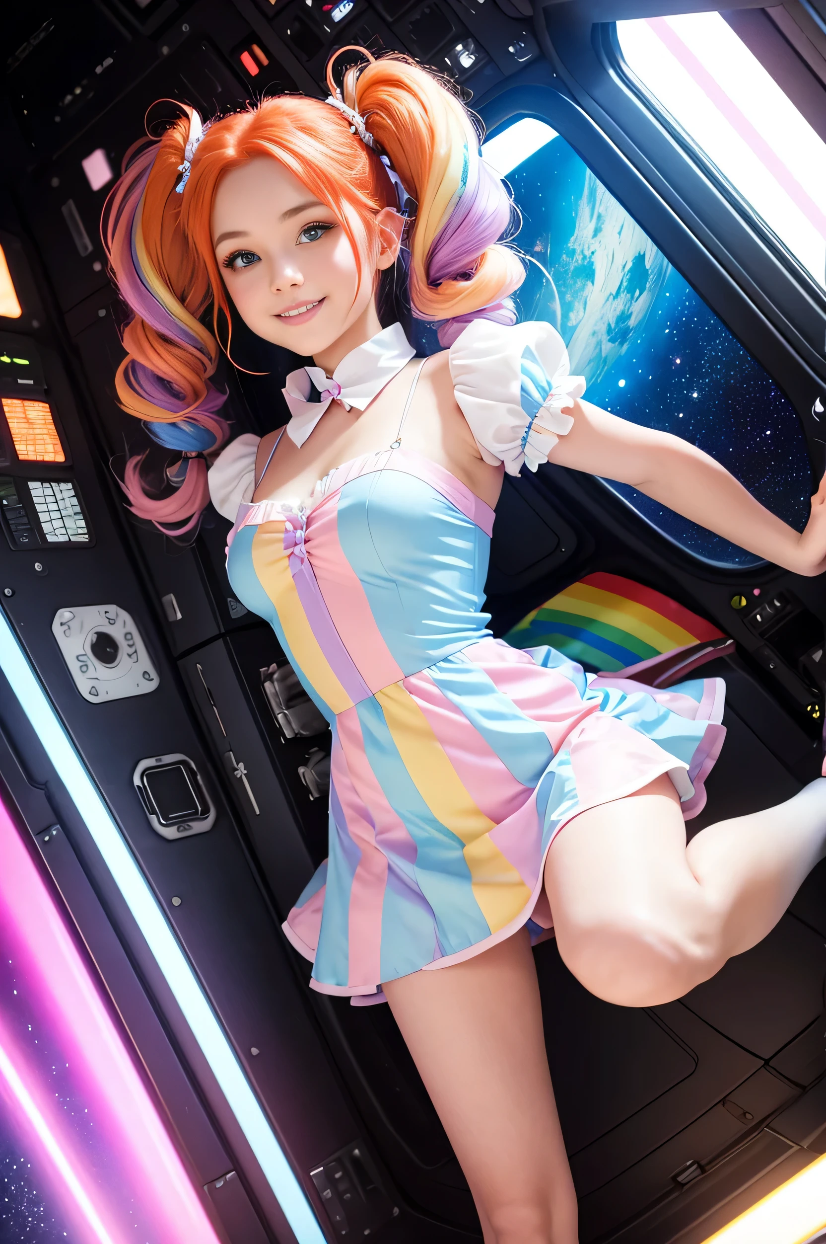 (overhead view) Cute redhead with rainbow colored hair tips, ribbons in her hair, 18-year-old woman, happy, smiling, in twin tails, perfect eyes, clear sparkling blue eyes, pale skin, silky smooth skin, flying a fancy metal luxurious space ship, futuristic cockpit, she's a pilot, outer space, stars in background, dark warm lighting, wearing a futuristic party dress, pleated (chemise) mini dress (pastel rainbow colors, and polka dots), puffy sleeves, silk, wearing full body pantyhose, cute short cut booties, boots.