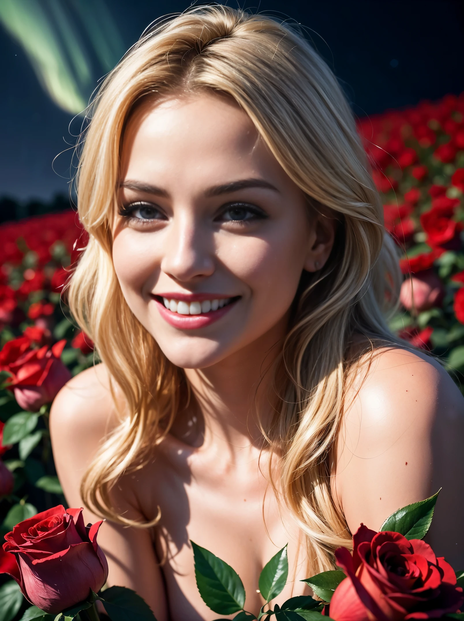 Masterpiece, ultra realistic. Front facing full bodyshot of an ultra hot gorgeous European woman, age 23, wavy blonde hair, she's a playmate, men magazine model. (She is leaning forward with a smile, smelling red roses in the (first low third) of the picture:1.2). Nude, she’s smelling the roses with a subtle smile. Background a snowy village in a winter night with northern lights.