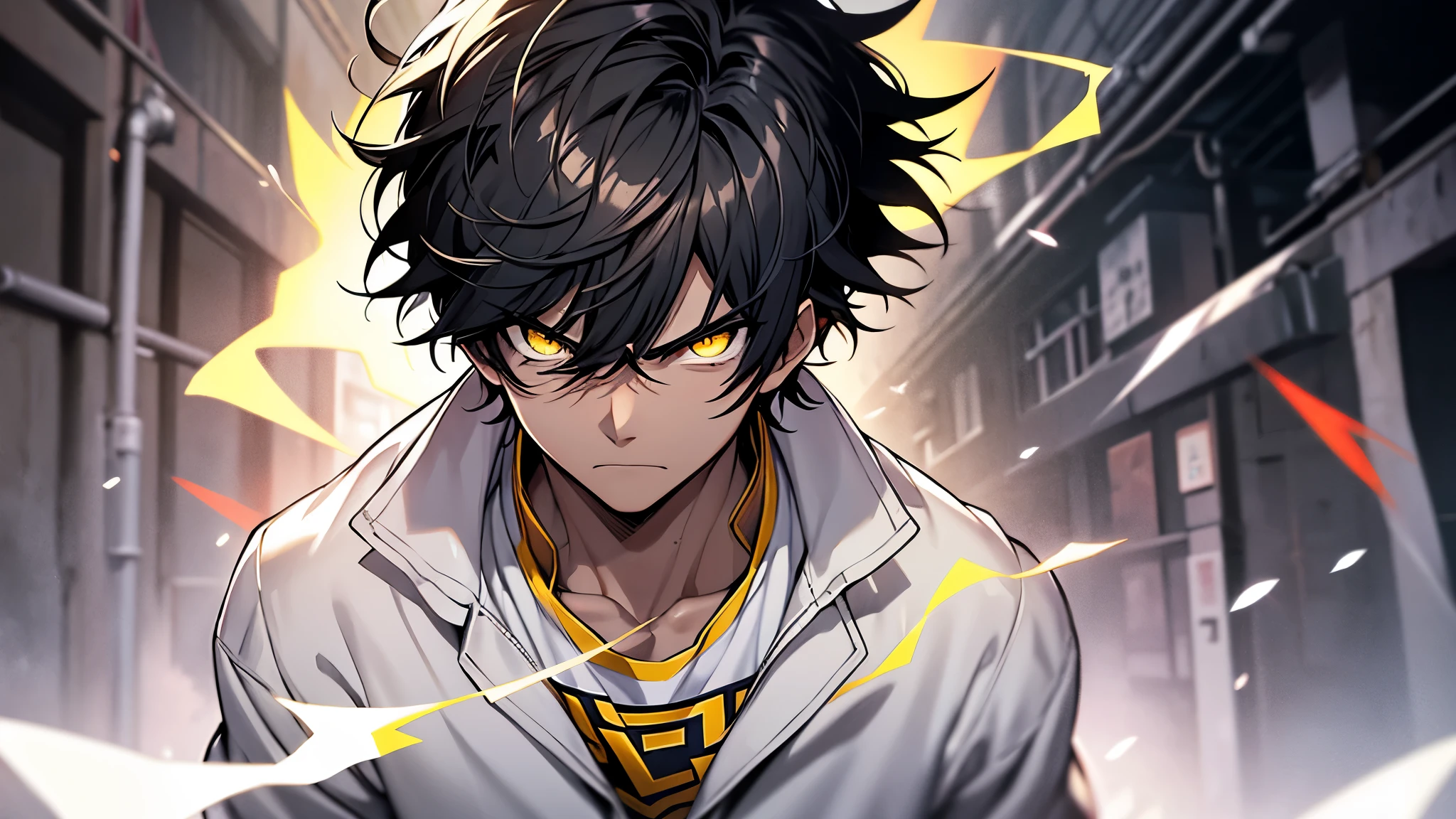 1 boy, with messy hair, black hair, short hair, stare at the camera, angry look, yellow eyes, wearing a white school shirt, devil's aura, Black lightning appears around the body, A colorful shining aura in the air, powerful aura