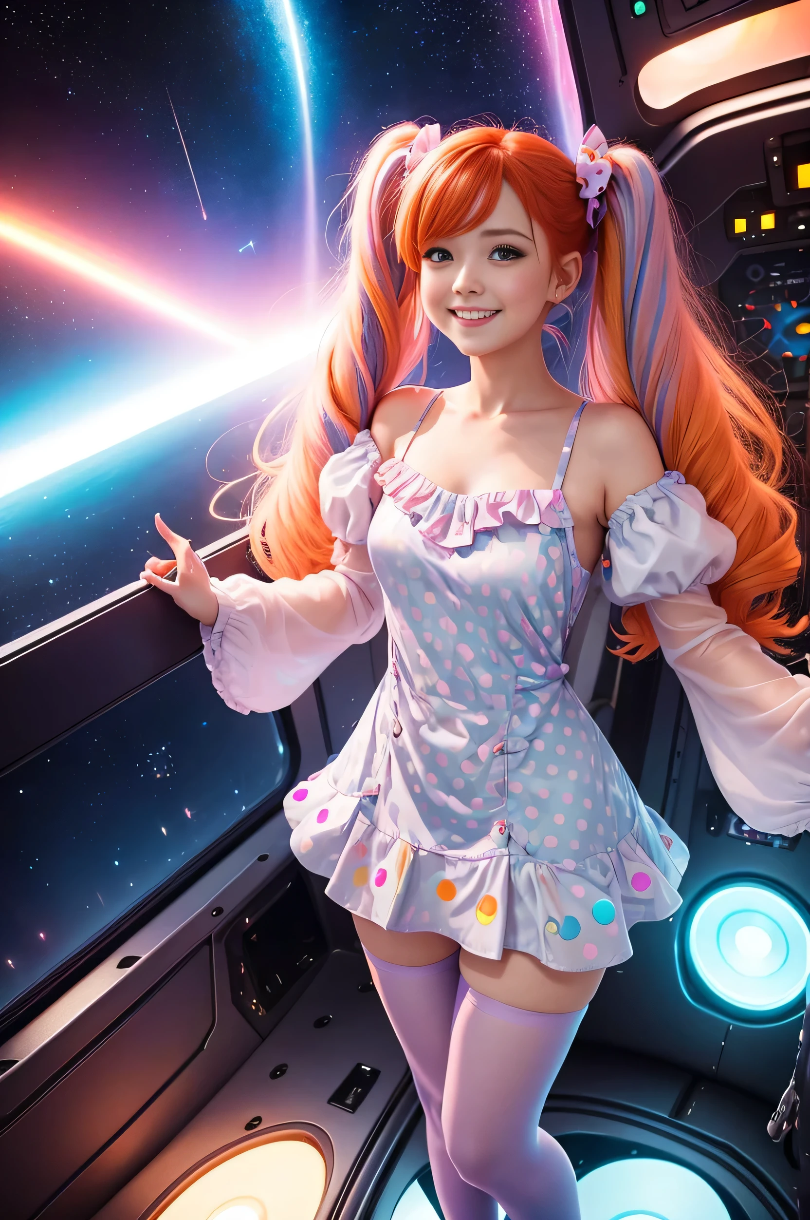 (overhead view) Cute redhead with rainbow colored hair tips, ribbons in her hair, 18-year-old woman, happy, smiling, in twin tails, perfect eyes, clear sparkling blue eyes, pale skin, silky smooth skin, flying a fancy metal luxurious space ship, futuristic cockpit, she's a pilot, outer space, stars in background, dark warm lighting, wearing a futuristic party dress, pleated (chemise) mini dress (pastel rainbow colors, and polka dots), puffy sleeves, silk, wearing full body pantyhose, cute short cut booties, boots.