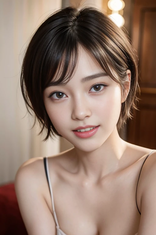 short-cut hair,Beautiful eyes,Beautiful,K-pop idol,japanese idol,Japanese actress,high resolution,Beautiful skin,8k,RAW photo,best quality,masterpiece,realistic,photo-realistic,clear,professional lighting,beautiful face,best quality,ultra high res,sexy,beautiful row of teeth,beautiful lips,smile,Morning light,coffee