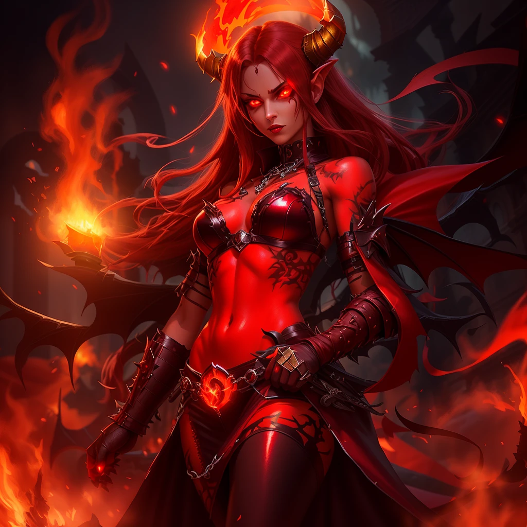 Female succubus, 3d, Demon girl, A age demon, Fire and Brimstone demon, Female, 3d character art, glowing red eyes,sharp fangs,dark and menacing expression,sinister grin,demonic horns and wings,pale skin with red markings,body covered in elegant black tattoos,floating in mid-air,fiery aura surrounding the demon,brimstone smoke,scorching red and orange color palette,intense and dramatic lighting.