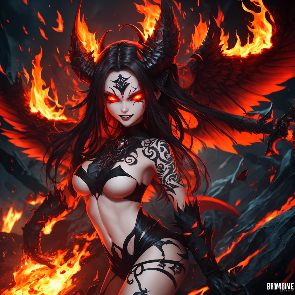 Female succubus, 3d, Demon girl, A teenage demon, Fire and Brimstone demon, Female, 3d character art, glowing red eyes,sharp fangs,dark and menacing expression,sinister grin,demonic horns and wings,pale skin with red markings,body covered in elegant black tattoos,floating in mid-air,fiery aura surrounding the demon,brimstone smoke,scorching red and orange color palette,intense and dramatic lighting.