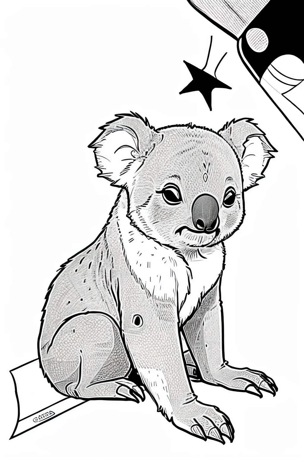 Sleepy baby koala, coloring book page, simple
and clean line art, children drawing book. Black
and white, crisp black lines, sharp lines. Simple
coloring page for kids, featuring a cartoon style