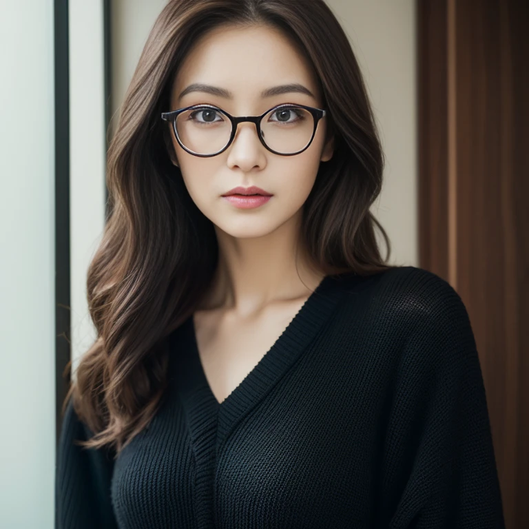 8K, RAW photo,high quality, realistic, professional lighting, face lighting, depth of field, monofocal, full body, 29 years old woman, brown hair, brown eyes, small head, perfect chest shape, beautiful eyes, real face, real skin, textured skin, wearing glasses, pantyhose, tease, on balcony