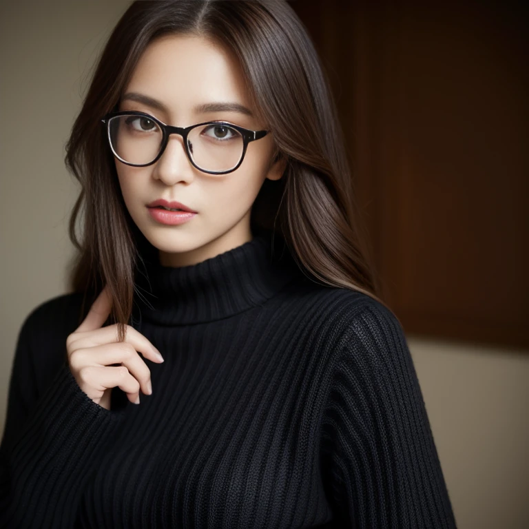 ((Rin)),((highest quality, 8K, masterpiece : 1.3)), sharp focus : 1.2, beautiful woman with perfect figure : 1.4, slim abs : 1.2, ((dark brown hair)), (Natural light : 1.1), Highly detailed face and skin texture, fine eyes, double eyelid、((professional makeup:1.3))、((sexy milf:1.3))、thick lips、lip gloss、eye make up、((long hair)),((Black knitwear)),In her room、Reading、Wear glasses、