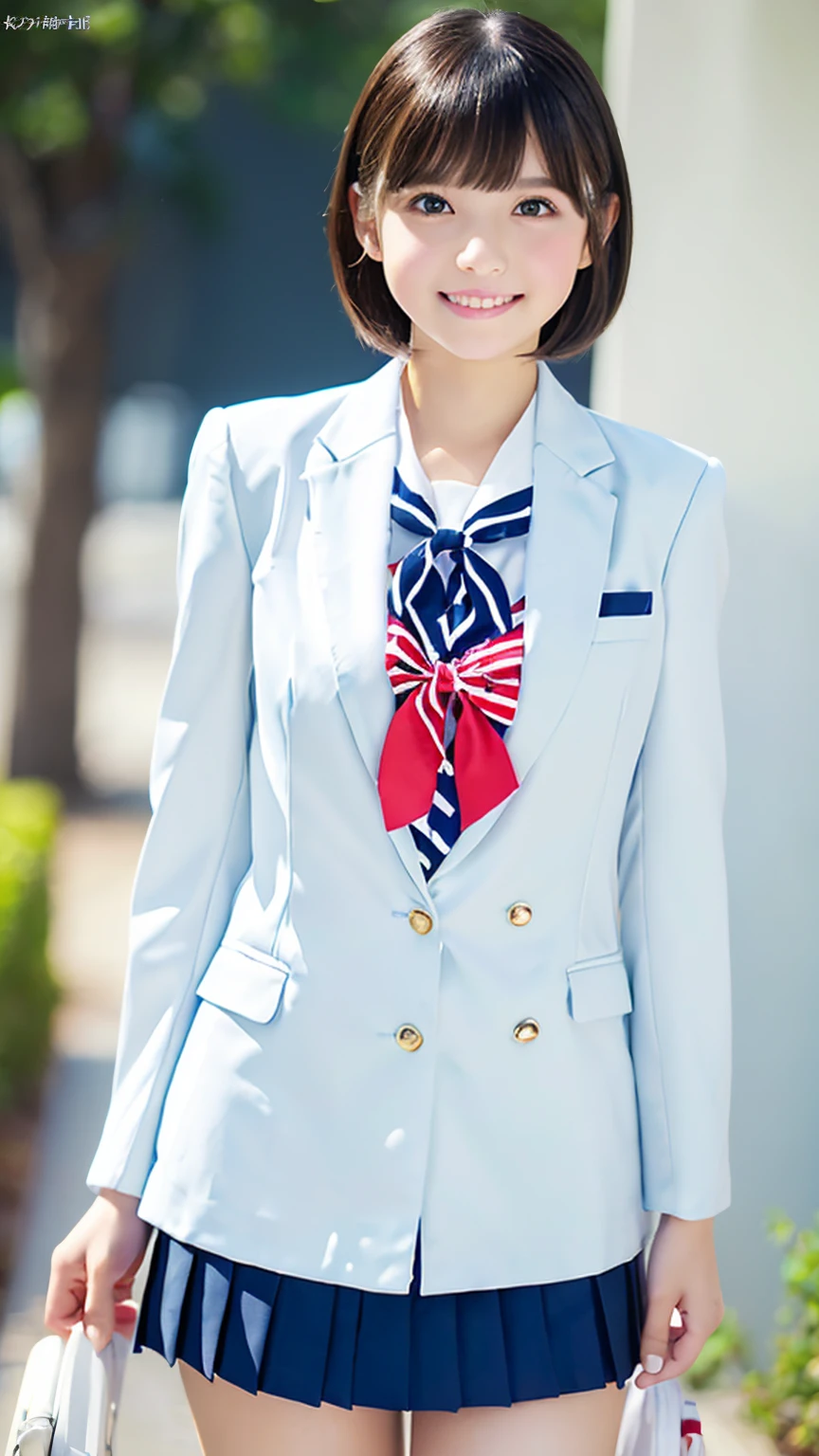 (a beautiful girl,white mask,short hair,moving posture,,Navy blue blazer,Navy blue pleated miniskirt),(The art of math,illustration),(bright colors,soft light),(best quality,Super detailed,photorealistic:1.37),(fresh and young,expressive eyes,red face),(playful smile,dynamic composition)。