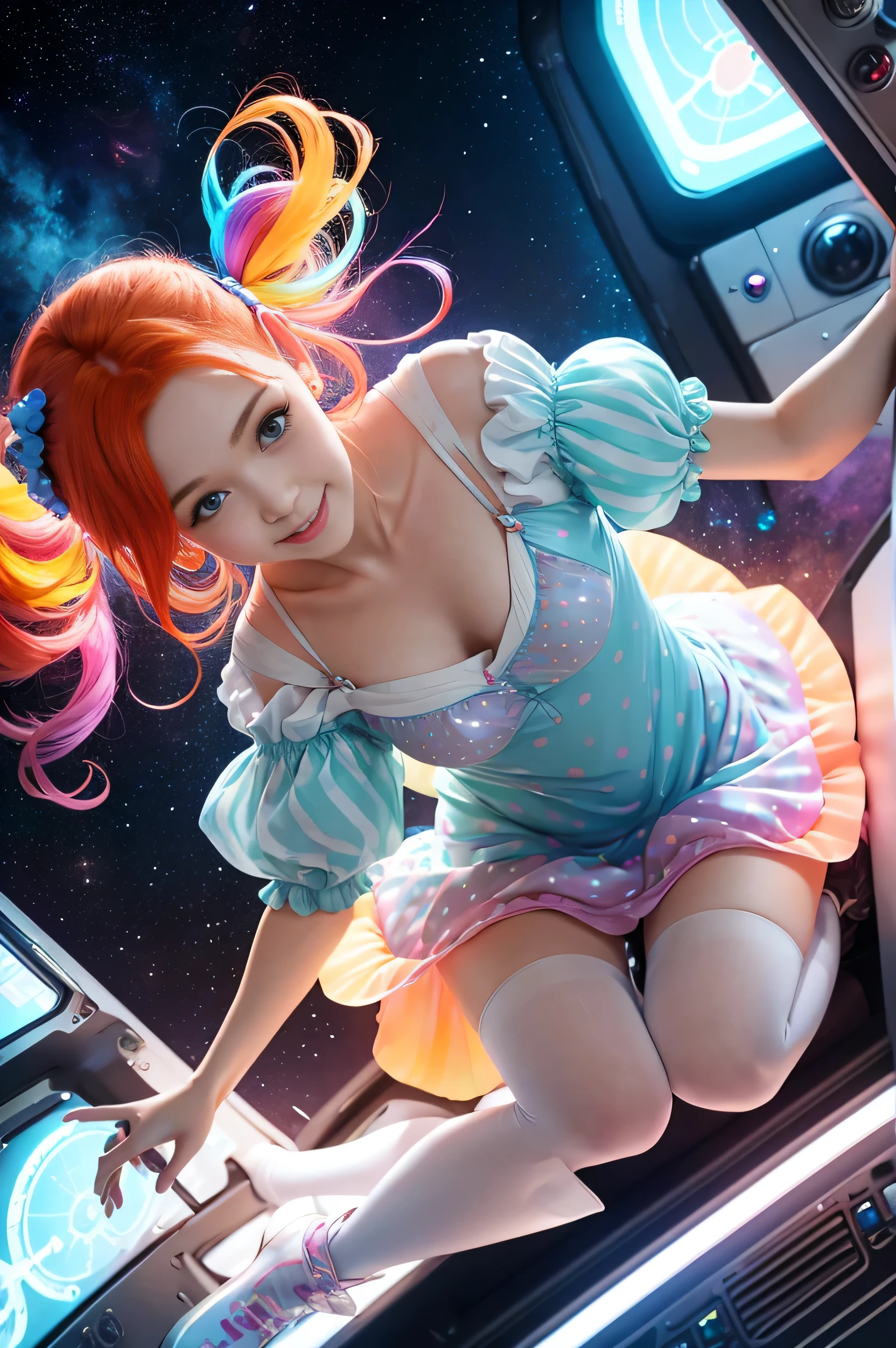 (overhead view) Cute redhead with rainbow colored hair tips, ribbons in her hair, 18-year-old woman, happy, smiling, in twin tails, perfect eyes, clear sparkling blue eyes, pale skin, silky smooth skin, flying a fancy metal luxurious space ship, futuristic cockpit, she's a pilot, outer space, stars in background, dark warm lighting, wearing a futuristic party dress, pleated (chemise) mini dress (pastel rainbow colors, and polka dots), puffy sleeves, silk, wearing full body pantyhose, cute short cut booties, boots.