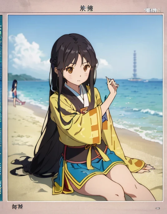 Close-up of a young girl sitting on the beach, Ruan Jia Meili! super long hair, waist length hair, xintong chen, mingchen shen, young asian girl, Li Zixin, xue han, wenfei ye, young long hair, strict, Young Ten Thousand Angels, kyoto animation girls