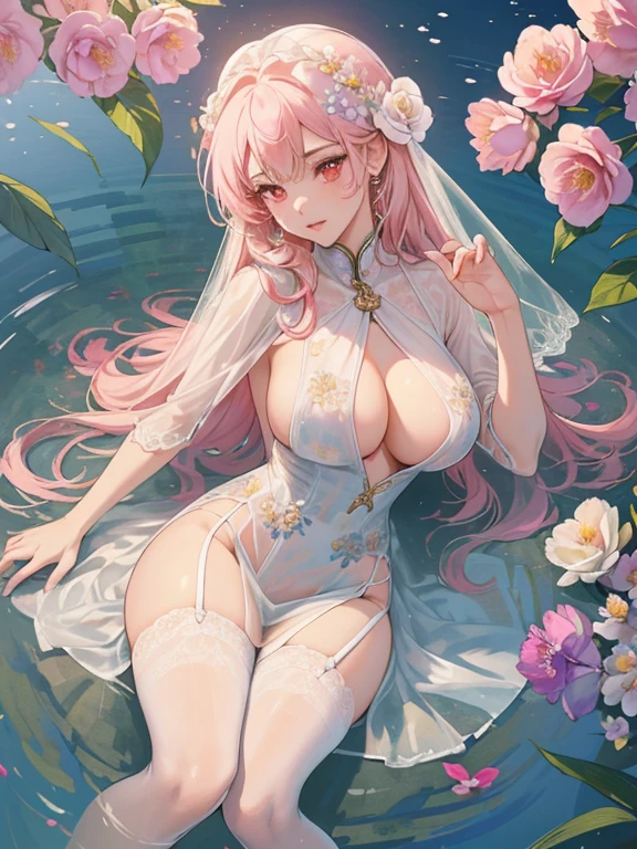 ((top quality)),(ultra high resolution),(Super detailed),(detailed description),((the most picturesque works of art),super precision art,amazing art of depiction,fantasy art:1.5, ((綺麗なおflower々:1.8)), (flowerに侵食された体:1.3),(glamorous body:1.5),fancy background effects、masterpiece、fancy details、(NSFW 1.1), ((1 female)), ((muste piece)), ((extremely detailed:1.3)), ((Beautiful woman entering the lake in crystal clear water)), ((long beautiful pink hair)), wet hair, wearing a transparent dress, Bathing clothed, (水に浮かぶバラのflowerびら:1.5), (early morning light), ivory gold AI, windows, crepuscular lighting, Lace sheer lingerie、(very huge boobs)、pink nipples、pink areola,透けて見えるpink nipples、透けて見えるpink areola、Sheer panties with lace and strings、Sexy transparent lingerie with lace and strings,See-through sexy lingerie that shows your skin,Transparent sexy lingerie、((Transparent wedding dress that shows your skin))、pearl accessories、sexy pure white harness、sexy pure white garter belt、sexy pure white stockings、Arranged,intimate, rose garden、colorful roses、lake with floating roses、Lying down、soak in water、wet body、ゴージャスなflowerの装飾、大きなflowerいっぱい、Stylish Hairstyles、solo, water play, flowerいっぱいの髪飾り, flower々, sky porn,Transparent dress wet with water, shines wet with water、(muste piece),(Highly detailed CG Unity 8K wallpaper),best quality,cinematic lighting,detailed background,beautiful detailed eyes,bright pupils, (very delicate and beautiful),(Beautiful and detailed eyes),((muste piece)),(red eyes)