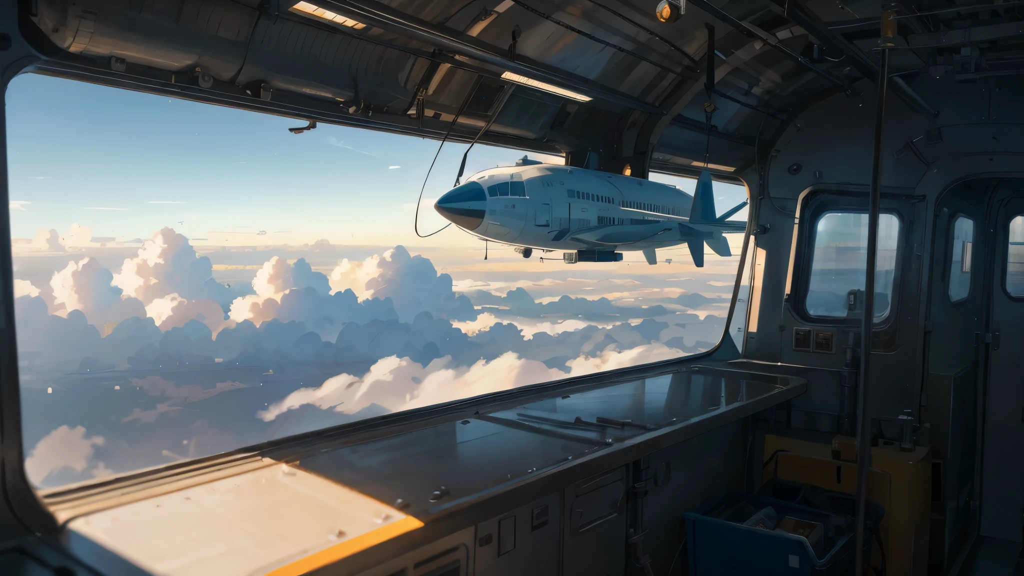 Scene of children inside a spacious industrial-style airship, look out the window，The sea of clouds outside the window is above the clouds，industrial retro，Conceptual scenes