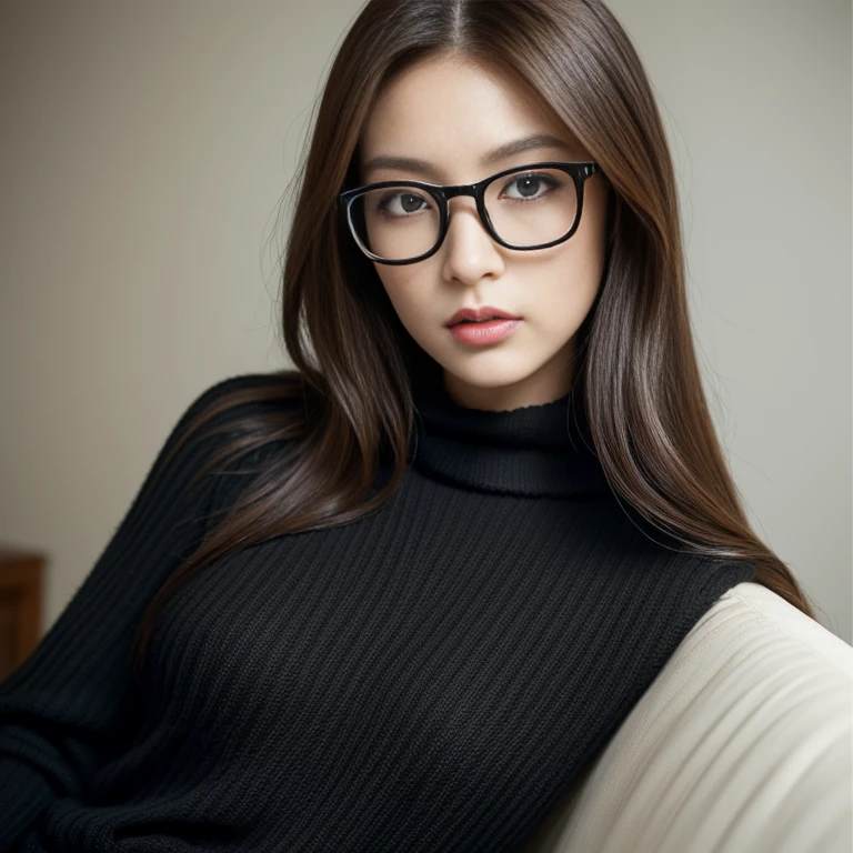 ((Rin)),((highest quality, 8K, masterpiece : 1.3)), sharp focus : 1.2, beautiful woman with perfect figure : 1.4, slim abs : 1.2, ((dark brown hair)), (Natural light : 1.1), Highly detailed face and skin texture, fine eyes, double eyelid、((professional makeup:1.3))、((sexy milf:1.3))、thick lips、lip gloss、eye make up、((long hair)),((Black knitwear)),In her room、have a book、Wear glasses、sitting、looking down、