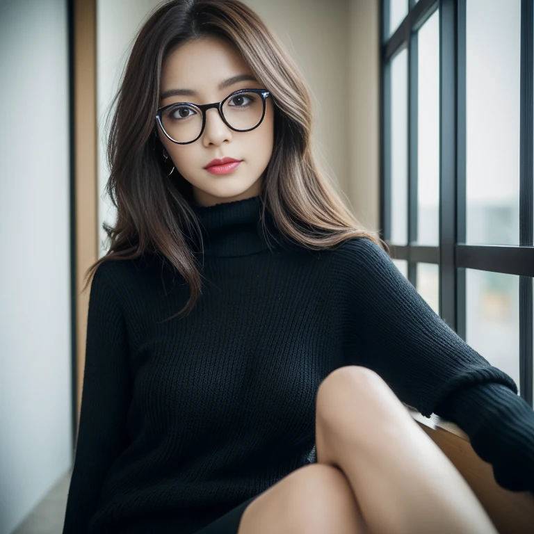 ((Rin)),((highest quality, 8K, masterpiece : 1.3)), sharp focus : 1.2, beautiful woman with perfect figure : 1.4, slim abs : 1.2, ((dark brown hair)), (Natural light : 1.1), Highly detailed face and skin texture, fine eyes, double eyelid、((professional makeup:1.3))、((sexy milf:1.3))、thick lips、lip gloss、eye make up、((long hair)),((Black knitwear)),In her room、have a book、Wear glasses、sitting、looking down、