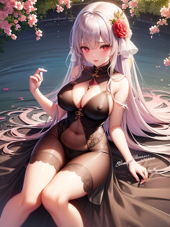 ((top quality)),(ultra high resolution),(Super detailed),(detailed description),((the most picturesque works of art),super precision art,amazing art of depiction,fantasy art:1.5, ((綺麗なおflower々:1.8)), (flowerに侵食された体:1.3),(glamorous body:1.5),fancy background effects、masterpiece、fancy details、(NSFW 1.1), ((1 female)), ((muste piece)), ((extremely detailed:1.3)), ((Beautiful woman entering the lake in crystal clear water)), ((long beautiful pink hair)), wet hair, wearing a transparent dress, Bathing clothed, (水に浮かぶバラのflowerびら:1.5), (early morning light), ivory gold AI, windows, crepuscular lighting, Lace sheer lingerie、(very huge boobs)、pink nipples、pink areola,透けて見えるpink nipples、透けて見えるpink areola、Sheer panties with lace and strings、Sexy transparent lingerie with lace and strings,See-through sexy lingerie that shows your skin,Transparent sexy lingerie、((Transparent wedding dress that shows your skin))、pearl accessories、sexy pure white harness、sexy pure white garter belt、sexy pure white stockings、Arranged,intimate, rose garden、colorful roses、lake with floating roses、Lying down、soak in water、wet body、ゴージャスなflowerの装飾、大きなflowerいっぱい、Stylish Hairstyles、solo, water play, flowerいっぱいの髪飾り, flower々, sky porn,Transparent dress wet with water, shines wet with water、(muste piece),(Highly detailed CG Unity 8K wallpaper),best quality,cinematic lighting,detailed background,beautiful detailed eyes,bright pupils, (very delicate and beautiful),(Beautiful and detailed eyes),((muste piece)),(red eyes)