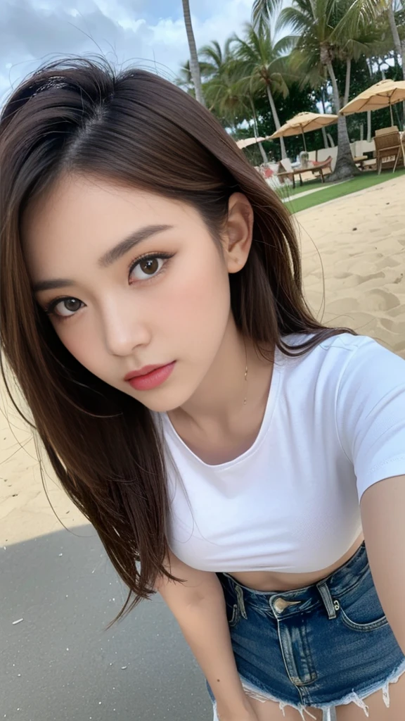 ((Highest quality, 8ก, Masterpiece: 1.3)), Sharp focus: 1.2, Beautiful women in perfect style: 1.4, Slender stomach: 1.2, (หน้าอกbigโต: 1.3, Breast augmentation, เต้านมbig), ((dark brown hair, big: 1.4)), Angel Face, detailed face, beautiful girl, cute, Short T-shirtสีขาว, Short T-shirt, Short denim skirt, Short denim skirt, Short denim skirt, during, Waikiki Beach: 1.2, palm tree, (front shot), (full length photo: 1.3,), Highly detailed facial and skin textures, Detailed eyes, Double eyelids