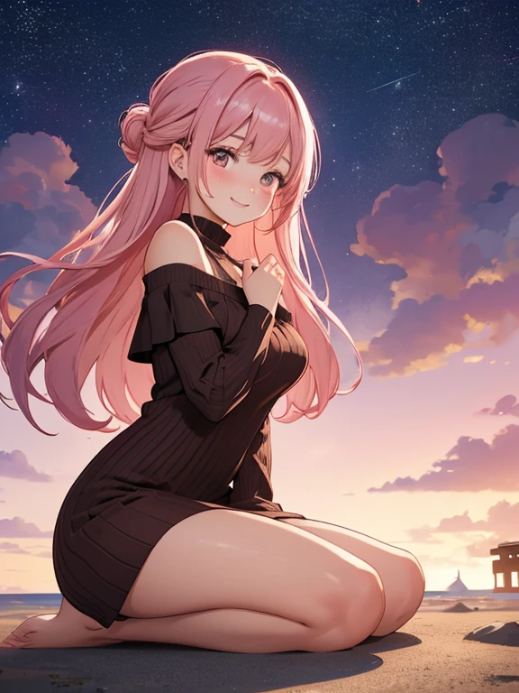 1woman , wearing dark brown off-shoulder knit dress,  kneeling on one knee, side view, cute girl, long hair, updo style, pink colored hair, leaning forward, (looking at a viewer:1.5), smiling full of compassion , half opened mouth, blushed cheek,
incoming kiss , sparkling pupil, tranlucent skin ,