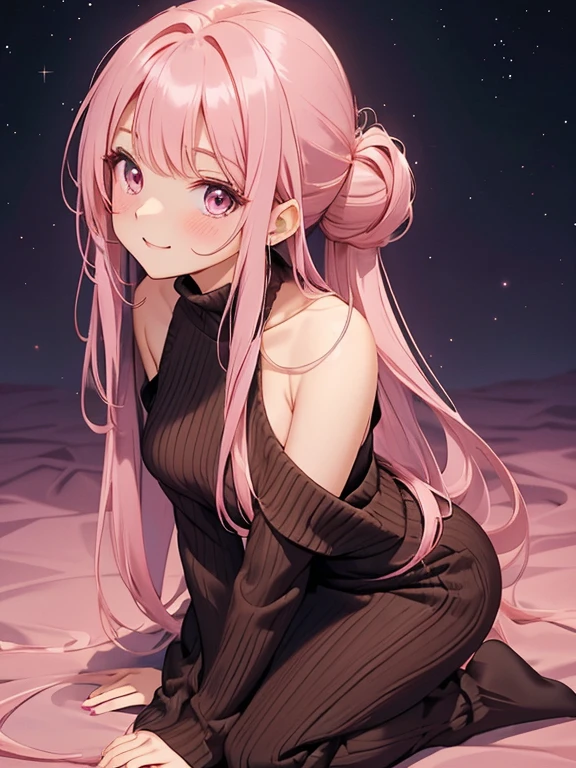 1woman , wearing dark brown off-shoulder knit dress, kneeling on one knee, side view, cute girl, long hair, updo style, pink colored hair, leaning forward, (looking at a viewer:1.5), smiling full of compassion , half opened mouth, blushed cheek,
incoming kiss , sparkling pupil, tranlucent skin ,