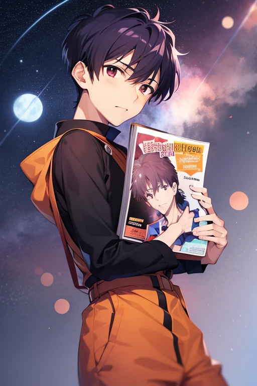 draw a picture of shinji from evangelion(male) holding a porn magazine