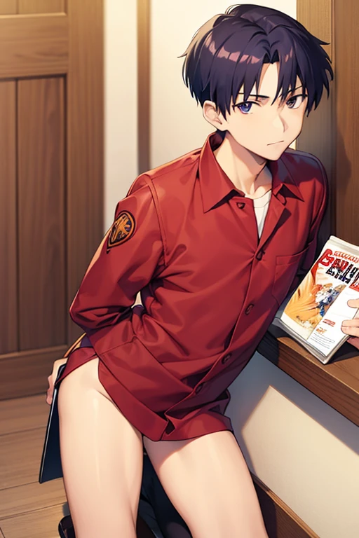 draw a picture of shinji from evangelion(male) holding a porn magazine