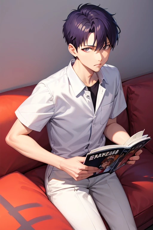 draw a picture of shinji from evangelion(male) holding a porn magazine
